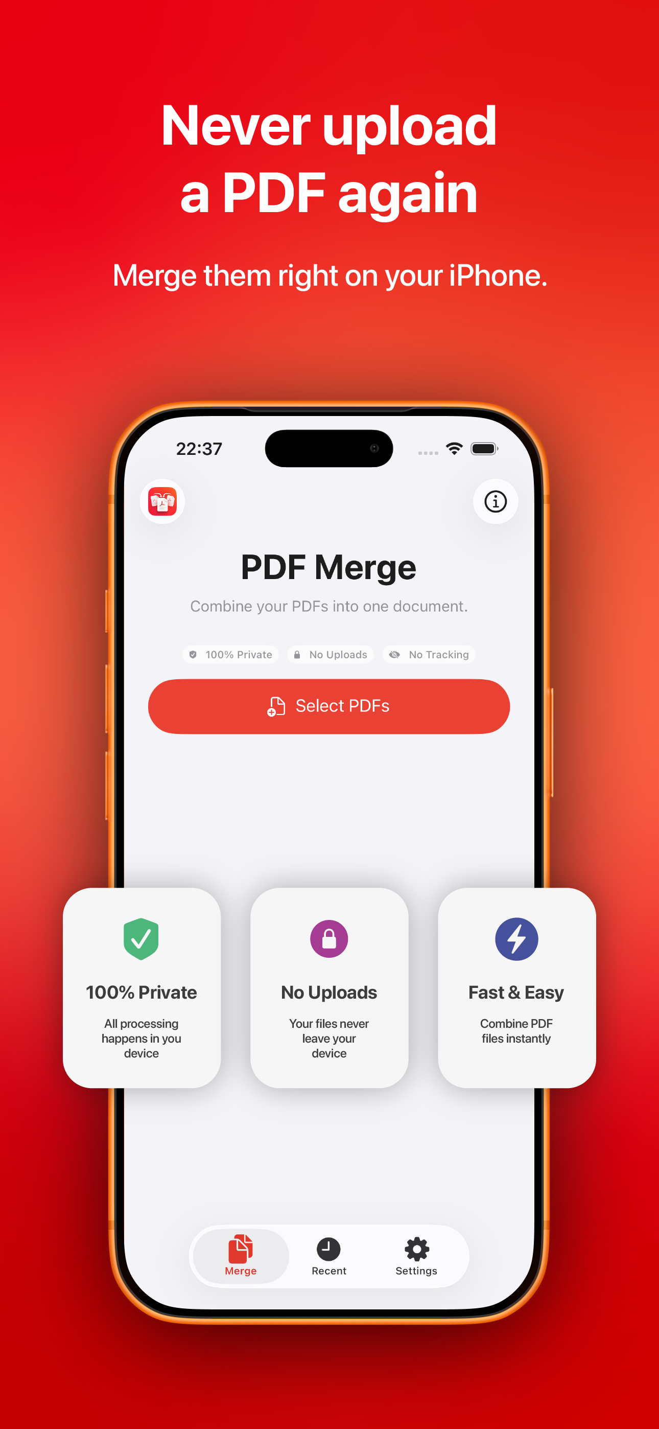 PDF Merge home screen showing the Select PDFs button and privacy chips